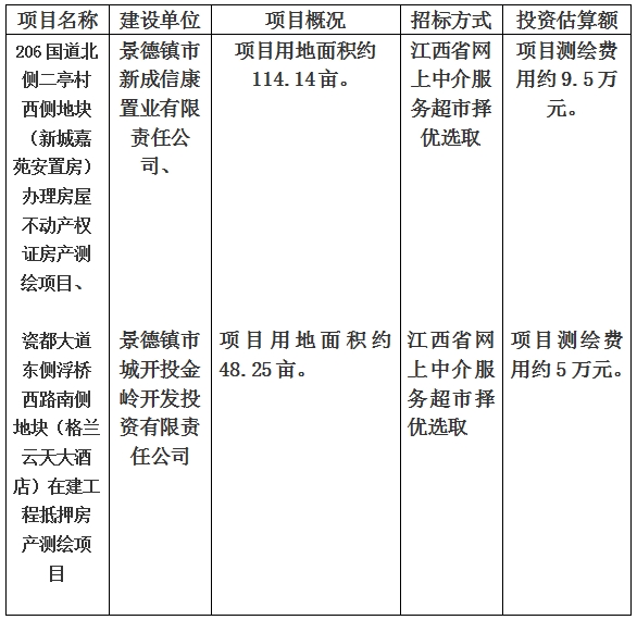 景德鎮(zhèn)市206國道北側(cè)二亭村西側(cè)地塊（新城嘉苑安置房）辦理房屋不動產(chǎn)權(quán)證房產(chǎn)測繪項(xiàng)目、瓷都大道東側(cè)浮橋西路南側(cè)地塊（格蘭云天大酒店）在建工程抵押房產(chǎn)測繪項(xiàng)目計(jì)劃公告