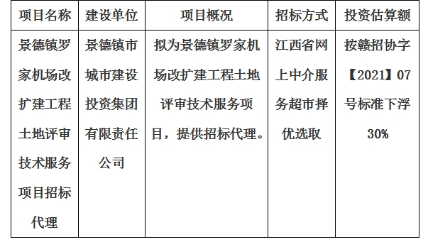 景德鎮(zhèn)羅家機場改擴建工程土地評審技術服務項目招標代理計劃公告