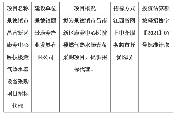 景德鎮(zhèn)市昌南新區(qū)康養(yǎng)中心醫(yī)技樓燃氣熱水器設備采購項目招標代理計劃公告